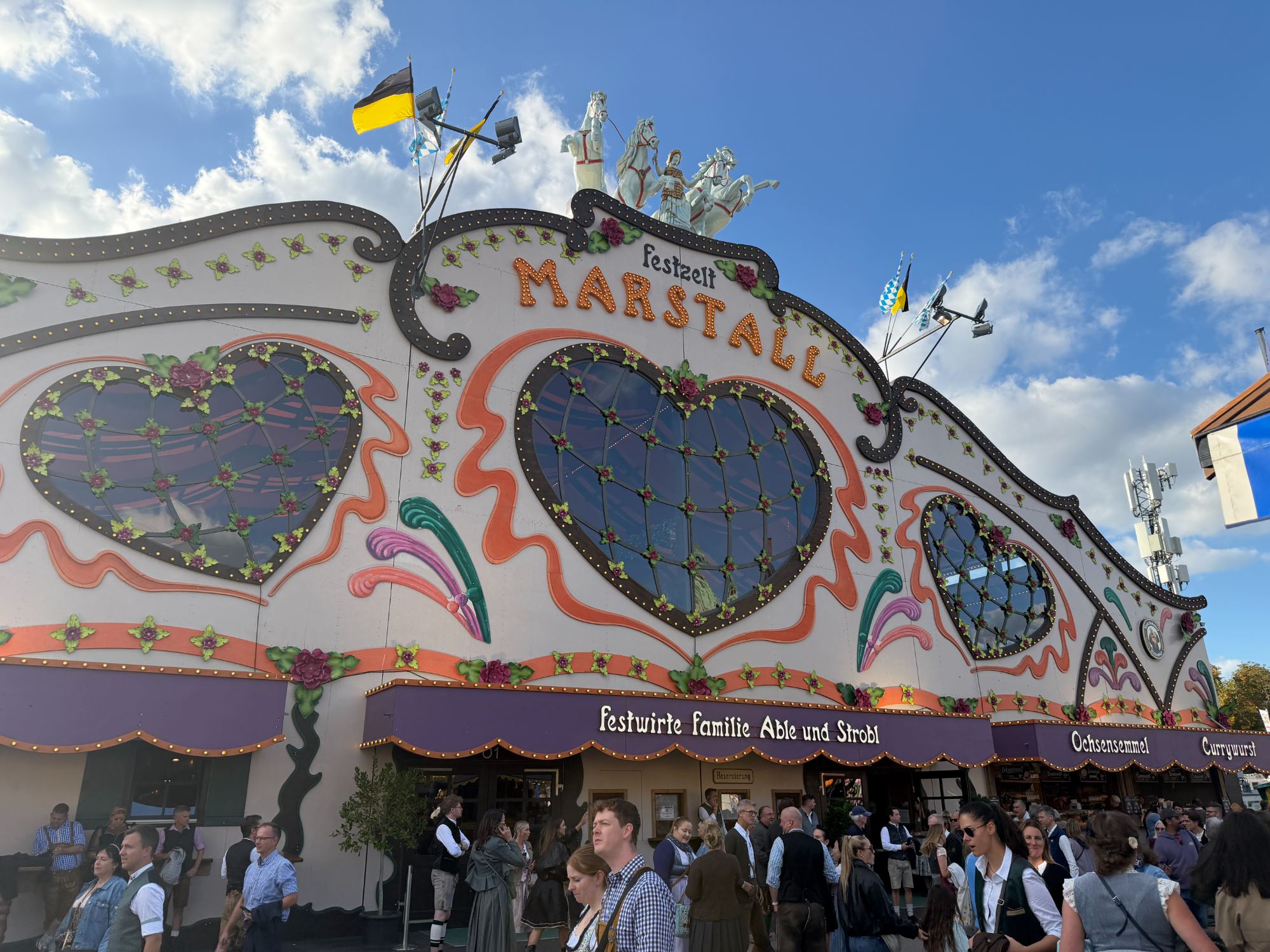 The façade of the Marstall festival tent at the Wiesn